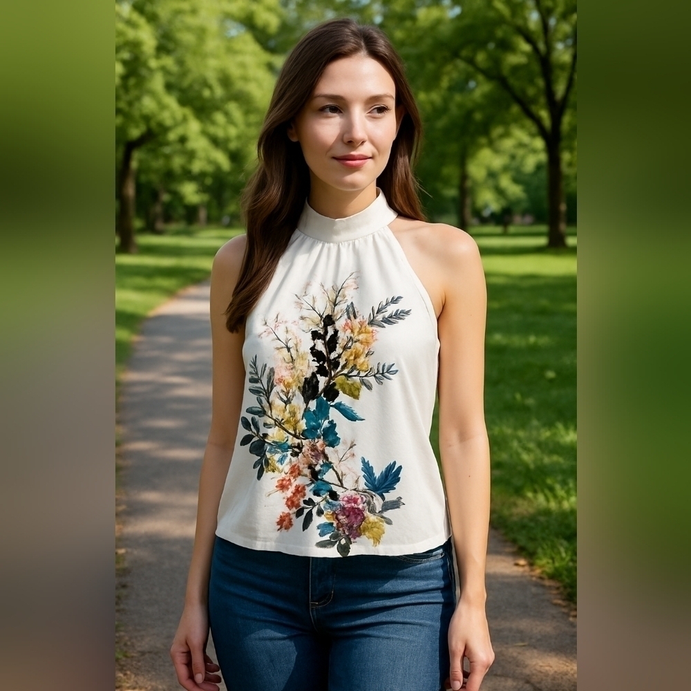 Elegant Floral Halter Top – Garden-Inspired Statement Piece Size: S/4